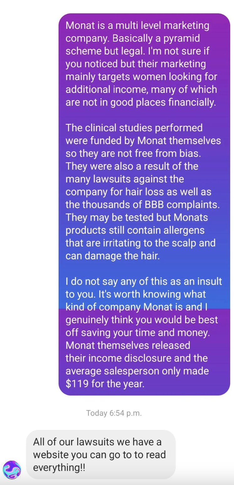 Hairstylist goes on to say that the clinical trials were funded by Monat and are the results of lawsuits for baldness, and the products still contain allergens that are irritating and damaging to the scalp and hair