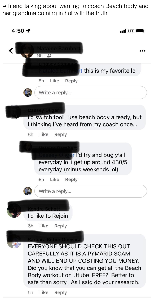 About coaching Beachbody, Grandma saying that everyone should check it out carefully because it&#x27;s a pyramid scam and will cost you money, and did you know you can get all the Beachbody workout for free?