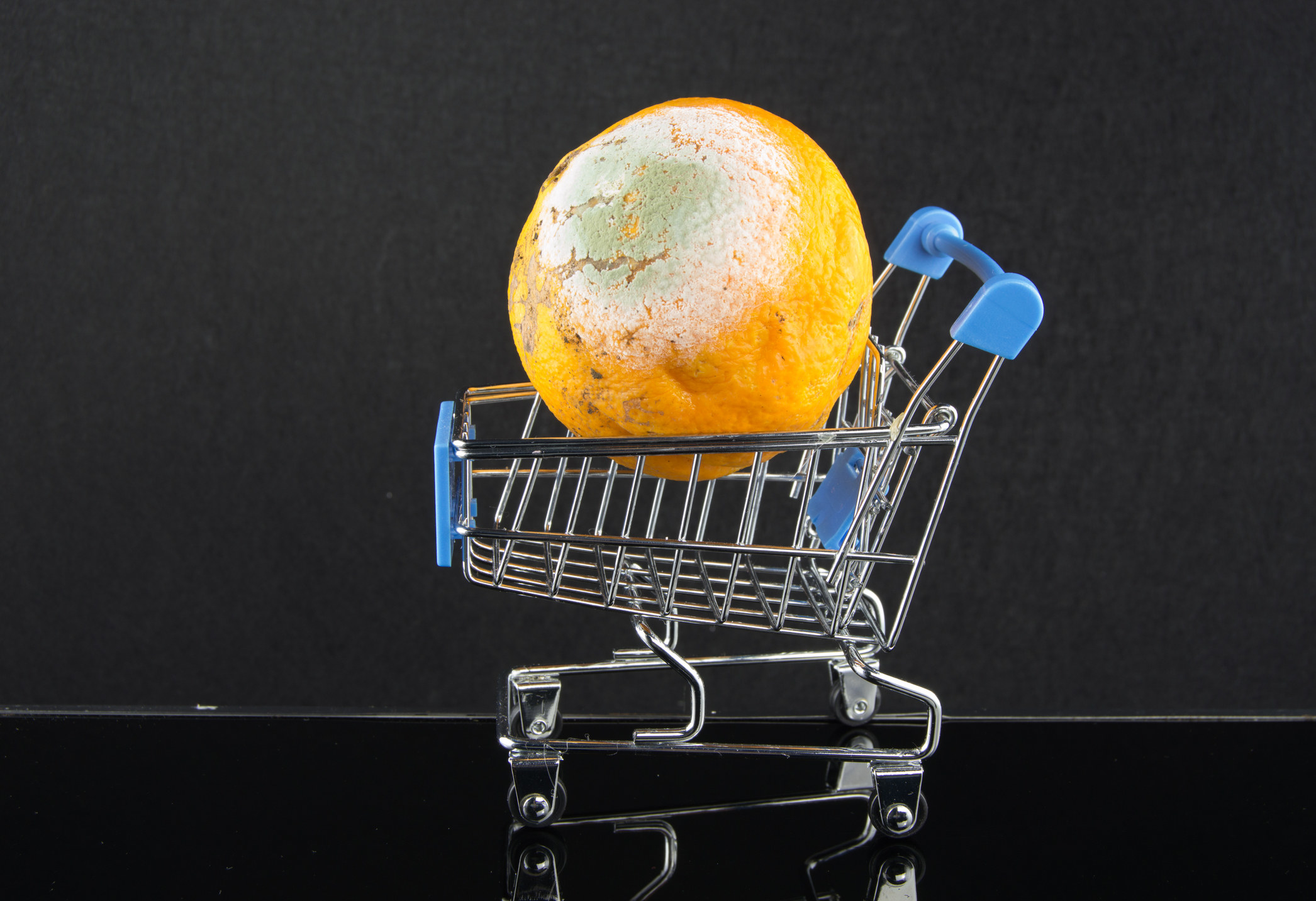 A tiny shopping cart with a huge orange in it