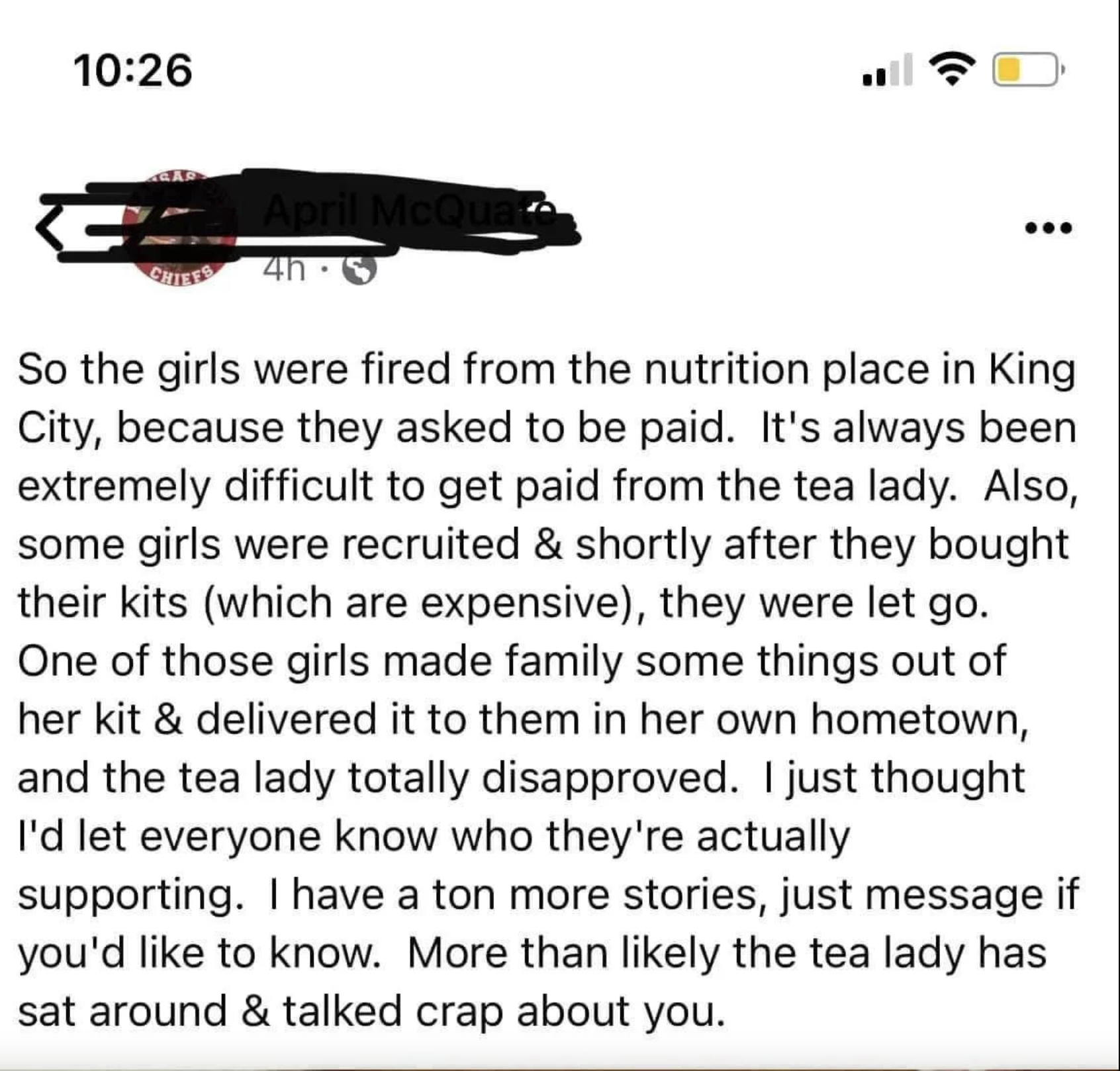 Text saying &quot;the girls&quot; were fired because they asked to be paid and it&#x27;s always been very hard to get paid by the tea lady, and some girls were recruited and let go shortly after they bought their expensive kits