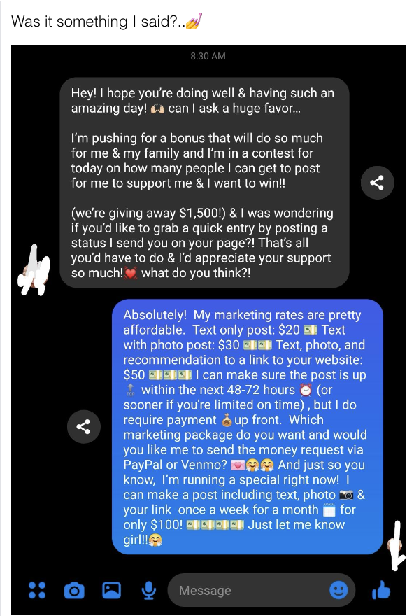 MLM&#x27;er asks if person can post for them and they&#x27;re giving away $1,500, and person responds with a detailed list of their marketing rates for posts and they require payment up front