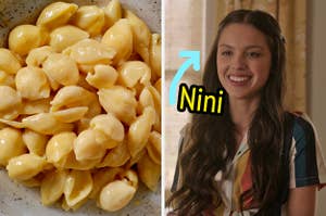 On the left, some mac and cheese shells, and on the right, Olivia Rodrigo as Nini on High School Musical: The Musical: The Series