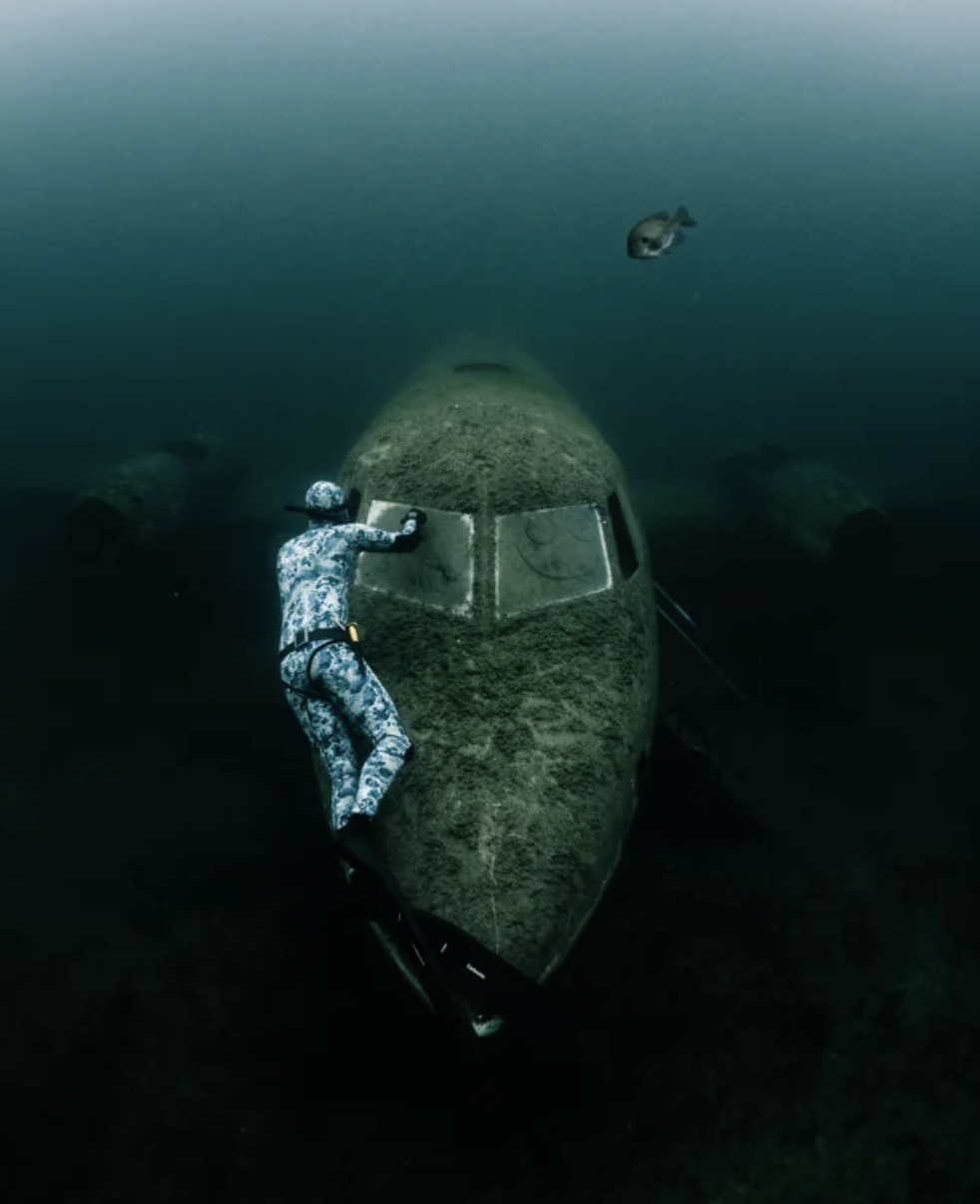 A scuba diver with their hands on a plane that looks like it has been submerged for a long time, as it&#x27;s covered in algae