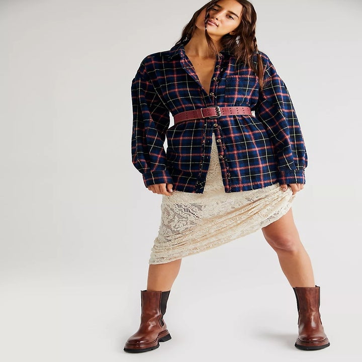 model wearing the flannel shirt
