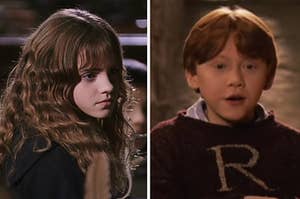 Hermione is on the left with Ron Weasley on the right