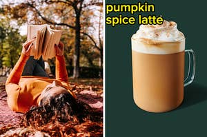 A woman is lying down reading a book with a drink labeled, "pumpkin spice latte"