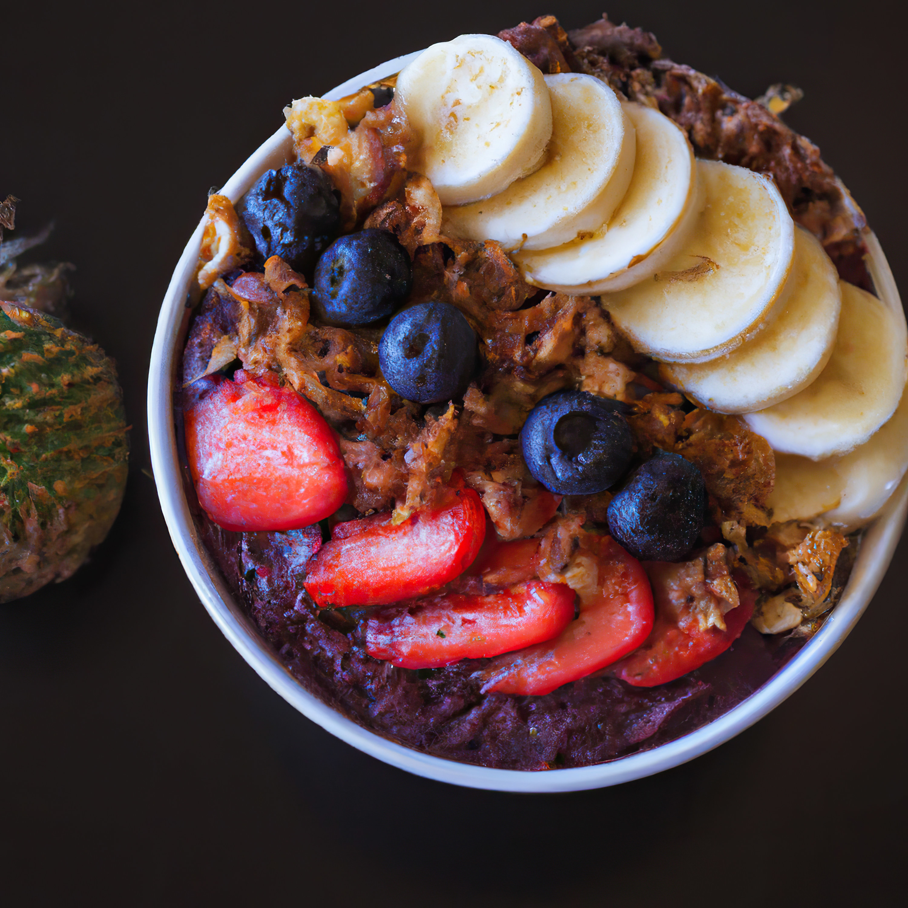 Acai bowl with strawberries, blueberries, granola and bananas in white bowl