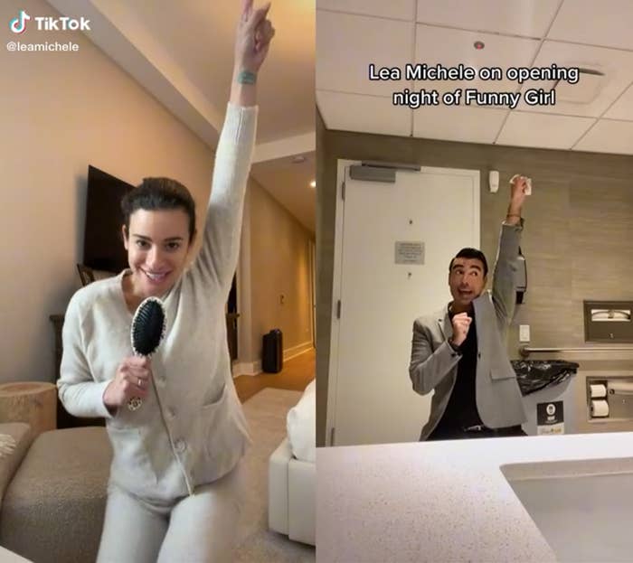 Lea Michele and Javi Rodriguez in their TikTok videos, fake-performing as if onstage