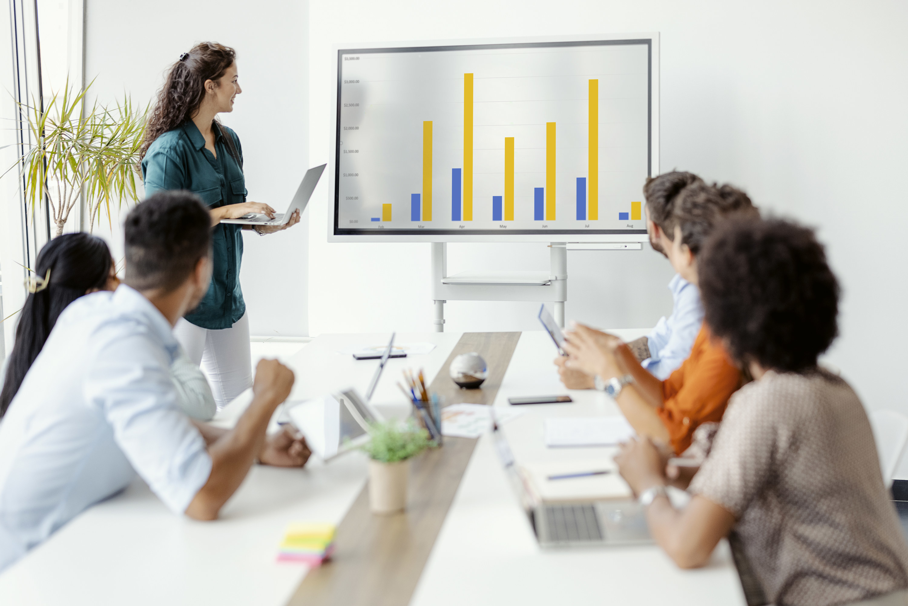 A woman presents data to a group of colleagues