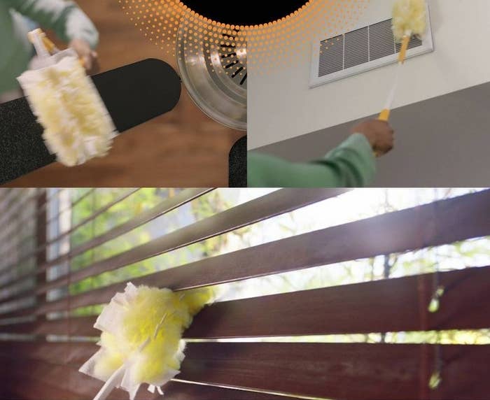 person dusting their window blinds, ceiling fan, and AC unit