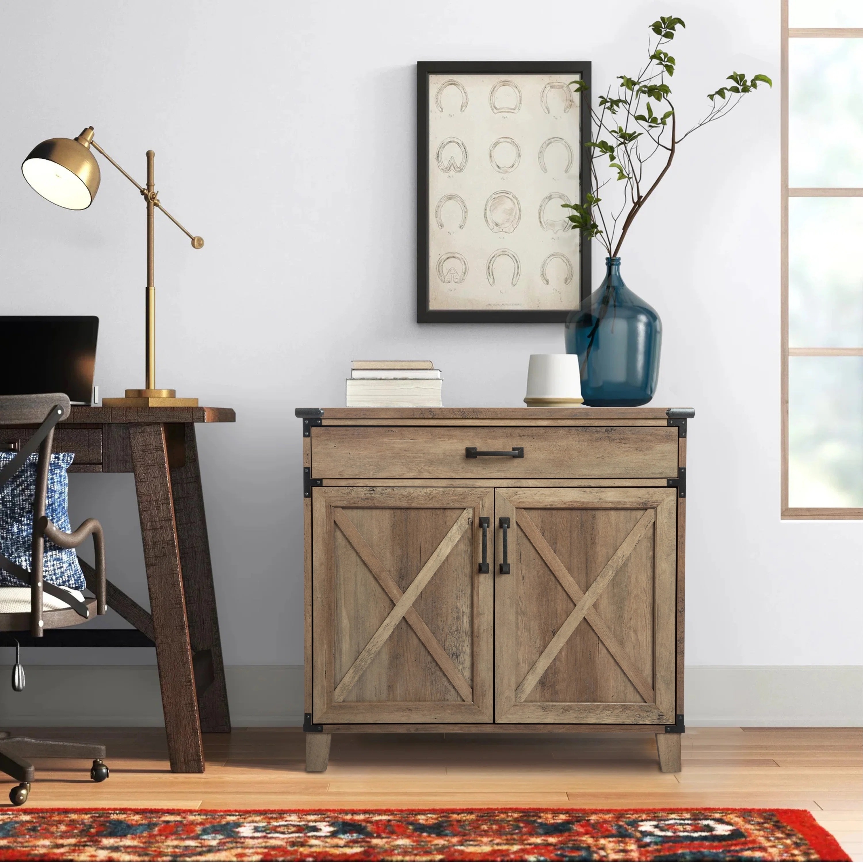 a rustic storage cabinet in a living room/home office