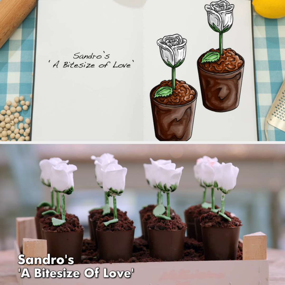 Drawing of Sandro&#x27;s mini cakes that look like white flowers in a flower pot side by side with the actual bake