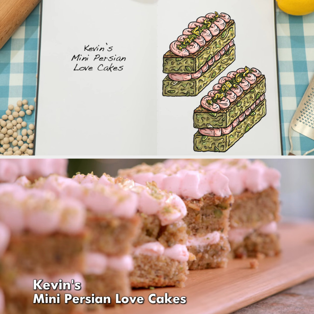 Drawing of Kevin&#x27;s mini cakes side by side with the actual bake