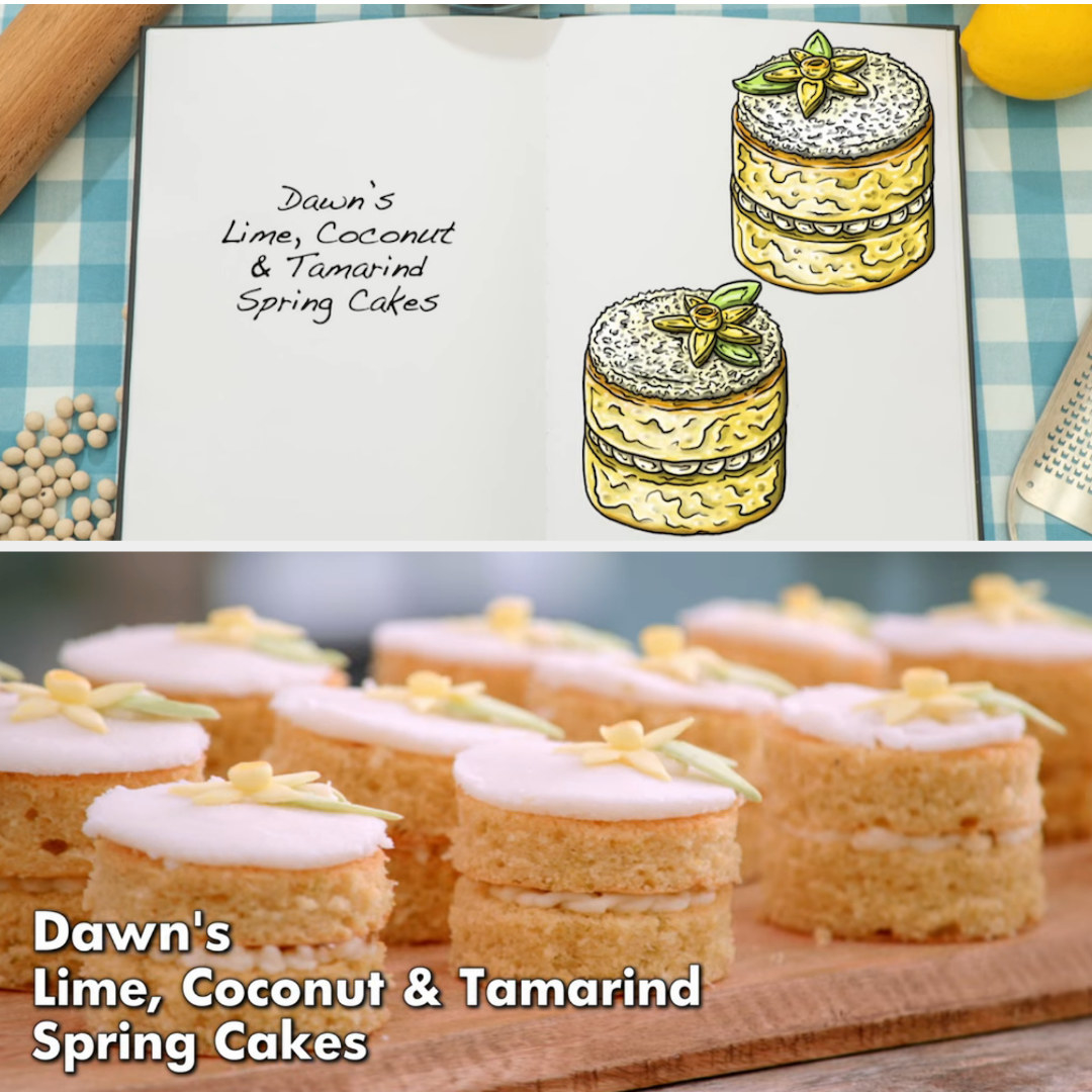 Drawing of Dawn&#x27;s mini cakes side by side with the actual bake