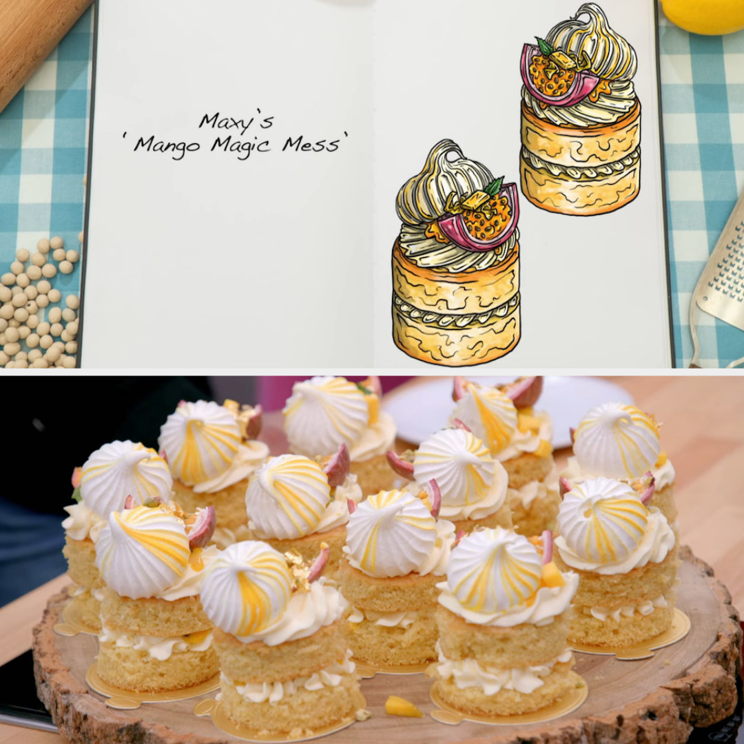 Drawing of Maxy&#x27;s mini cakes side by side with the actual bake