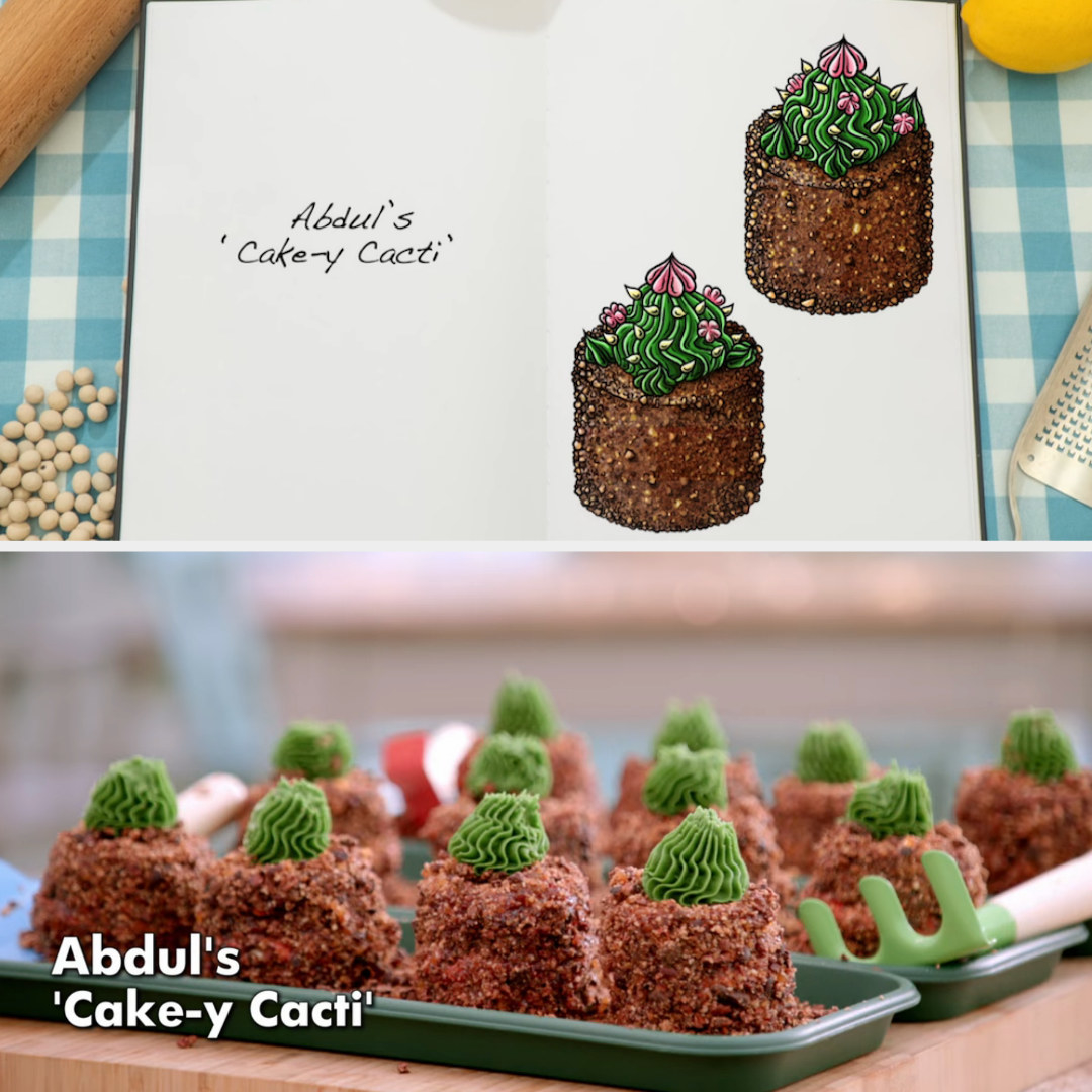 Drawing of Abdul&#x27;s mini cakes that look like little cacti side by side with the actual bake