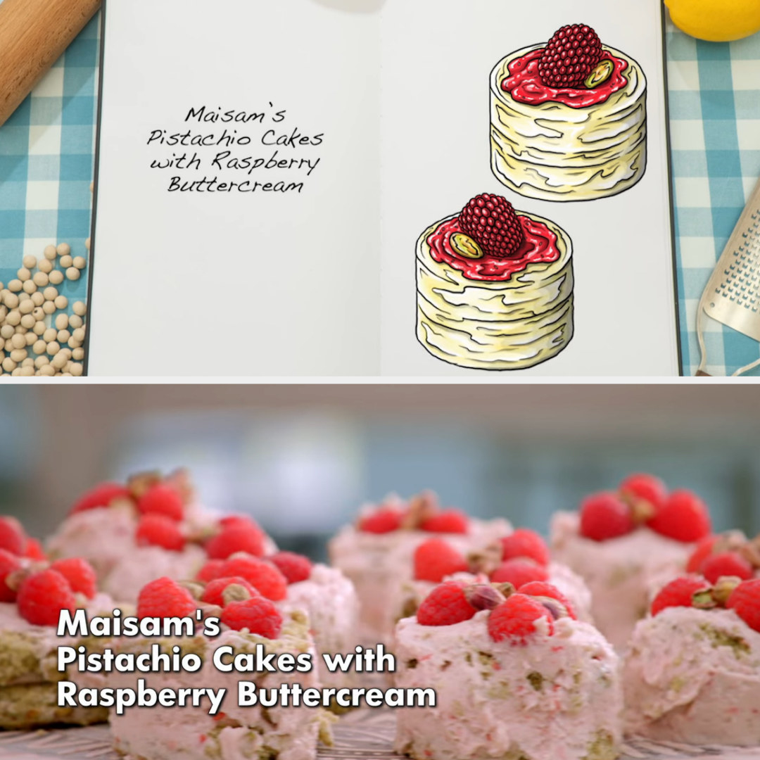 Drawing of Maisam&#x27;s mini cakes side by side with the actual bake