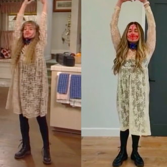Danielle as Topanga and on TikTok wearing a lacy dress and raising her arms