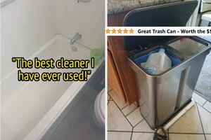 on the left a clean bathtub and text that reads "the best cleaner i have ever used"; on the right a dual compartment trash can and text that reads "great trash can, worth the $$"