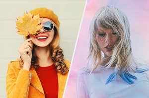 A woman holds a leaf over her eye and Taylor Swift has a glitter heart over one eye