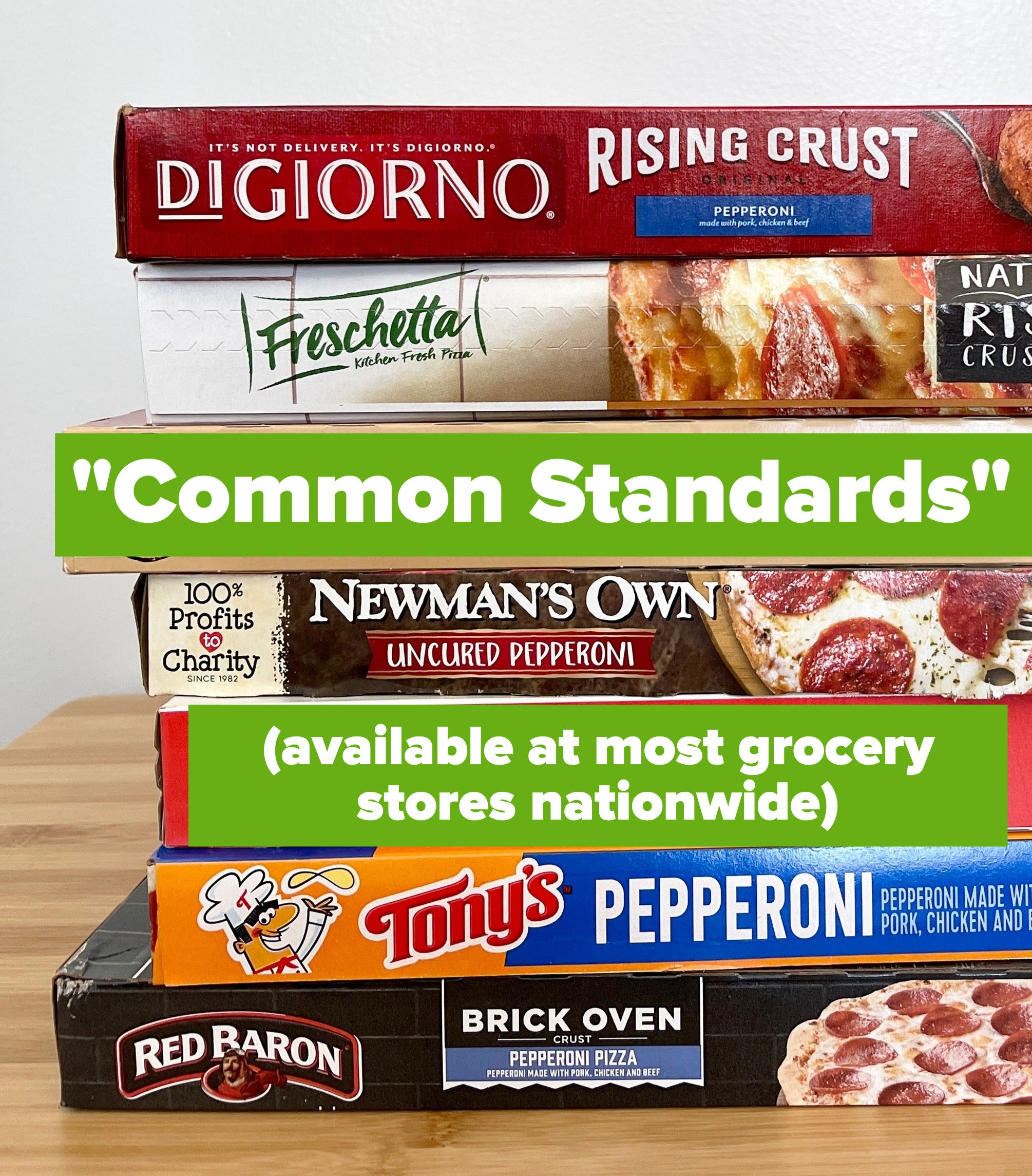 five stacked pizza boxes that are available at most grocery stores nationwide