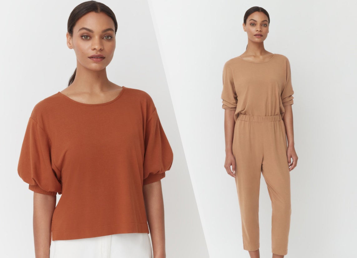 Two images of a model wearing an orange top and beige jumpsuit