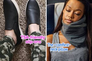 reviewer wearing black slip-ons with text: tsa-friendly slip-ons / model wearing a gray neck pillow with text: the ~comfiest~ neck pillow
