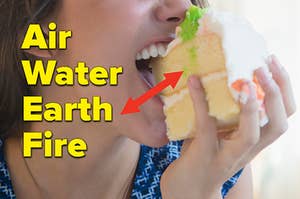 "Air, Water, Earth, Fire" is written on the left with a woman biting a cake