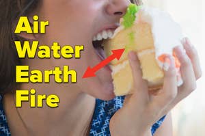 "Air, Water, Earth, Fire" is written on the left with a woman biting a cake