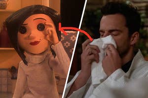 Other Mother taps her button eye and Nick Miller holds a towel to his face