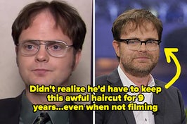 rainn wilson in the office and on a talk show captioned "Didn't realize he'd have to keep this awful haircut for 9 years...even when not filming"