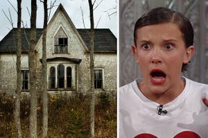A scary house with darkened house and a close up of Millie Bobby Brown screaming