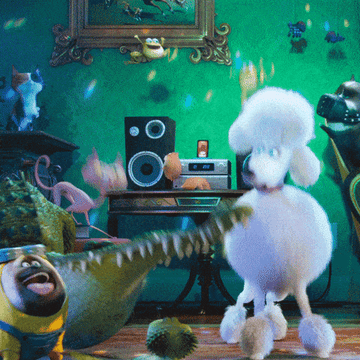 a bunch pets having a dance party in a scene from the secret life of pets