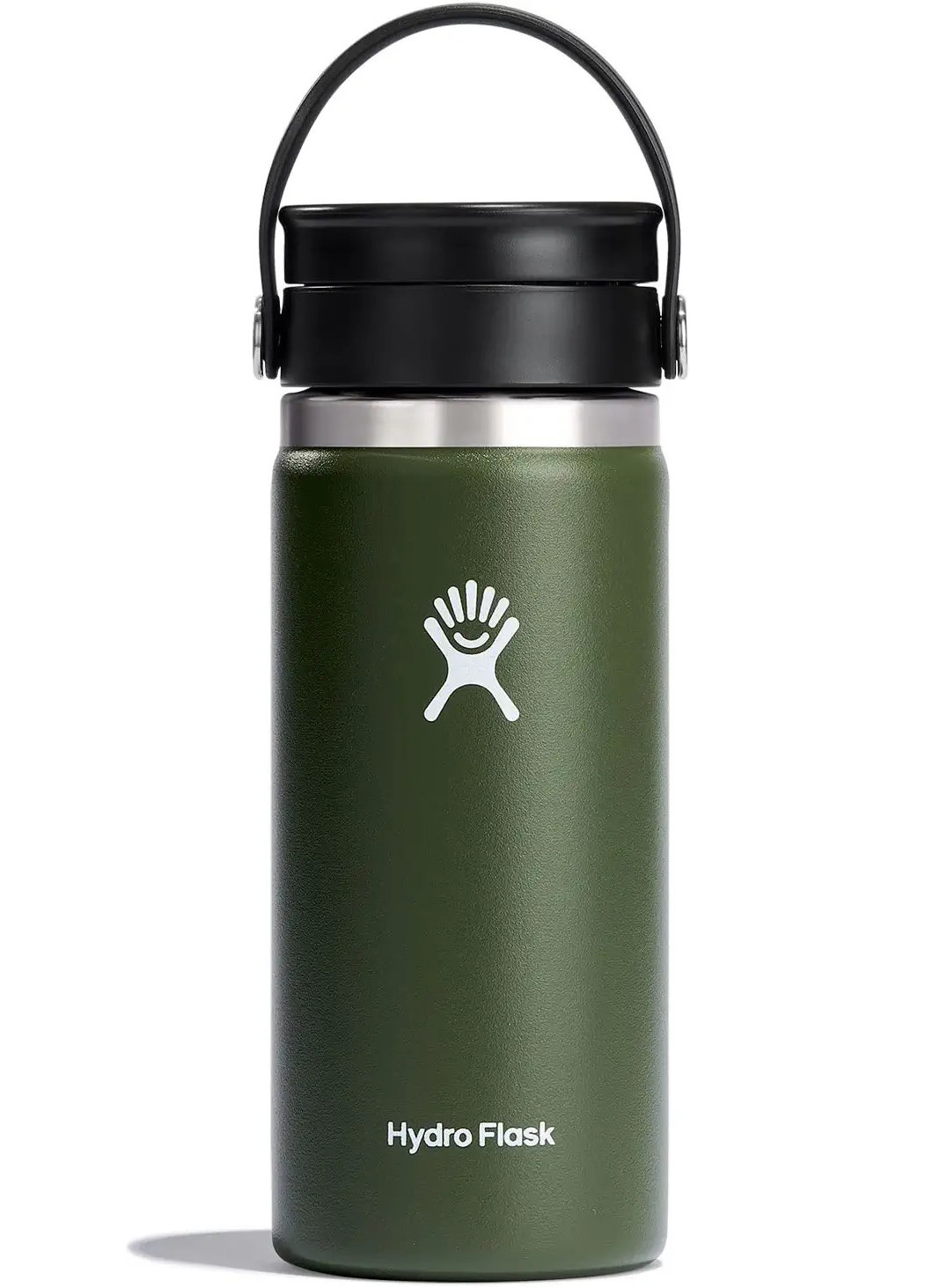 A forest green metal bottle with a black lid and handle
