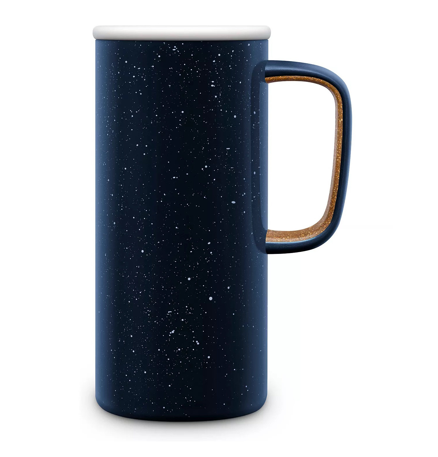 A tall, navy speckled mug with a white lid and cork detailing on the handle