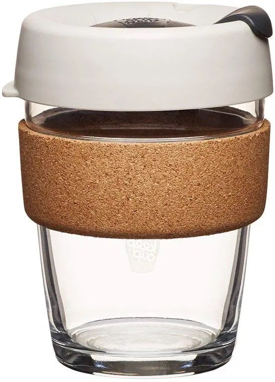 A clear travel mug with a heavy white lid and a cork band for insulated holding