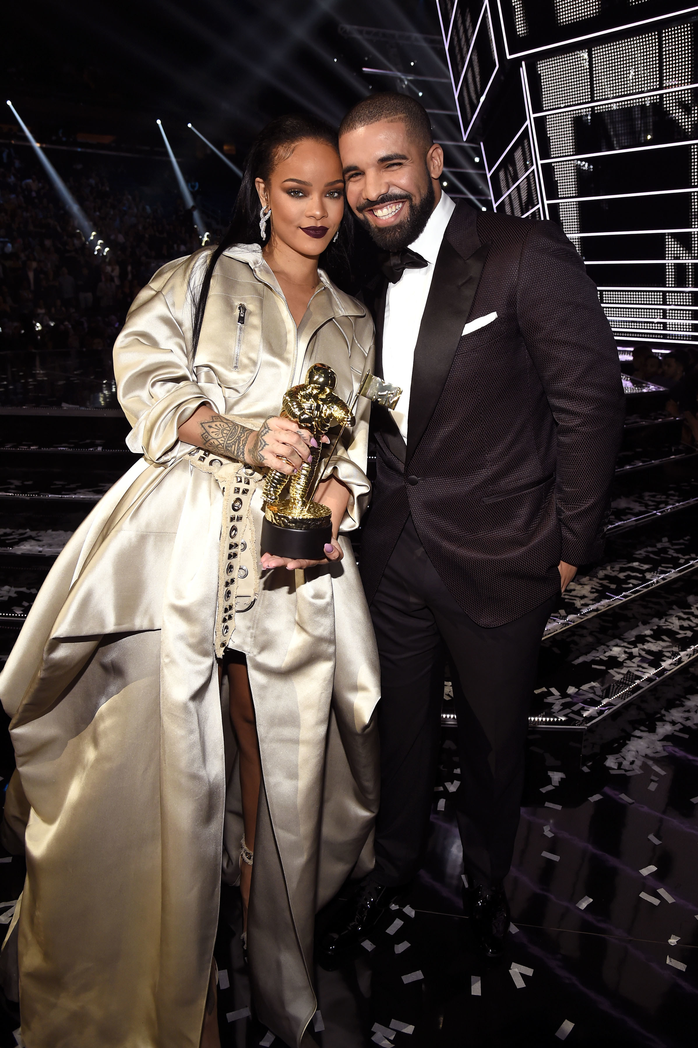 Rihanna and Drake are seen onstage at the 2016 MTV Video Music Awards