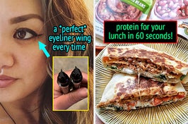an eyeliner wing done in one try using an eyeliner stamp / quesadillas with refried beans heated in 60 seconds