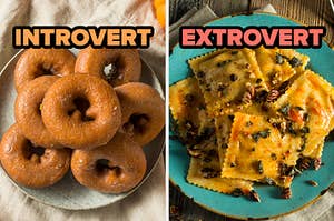 On the left, some pumpkin donuts labeled introvert, and on the right, some pumpkin ravioli labeled extrovert