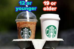 Two Starbucks drinks are labeled, "12 or younger" and "19 or older"