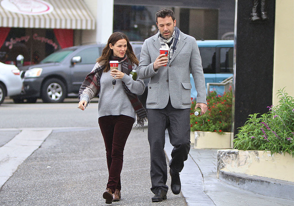 Walking with Jennifer Garner, both holding takeout coffee