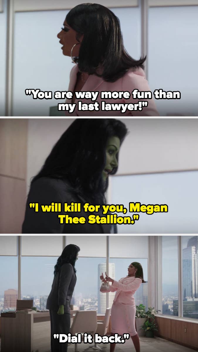 she-hulk telling megan that she would kill for her and megan replying that she needs to dial it back