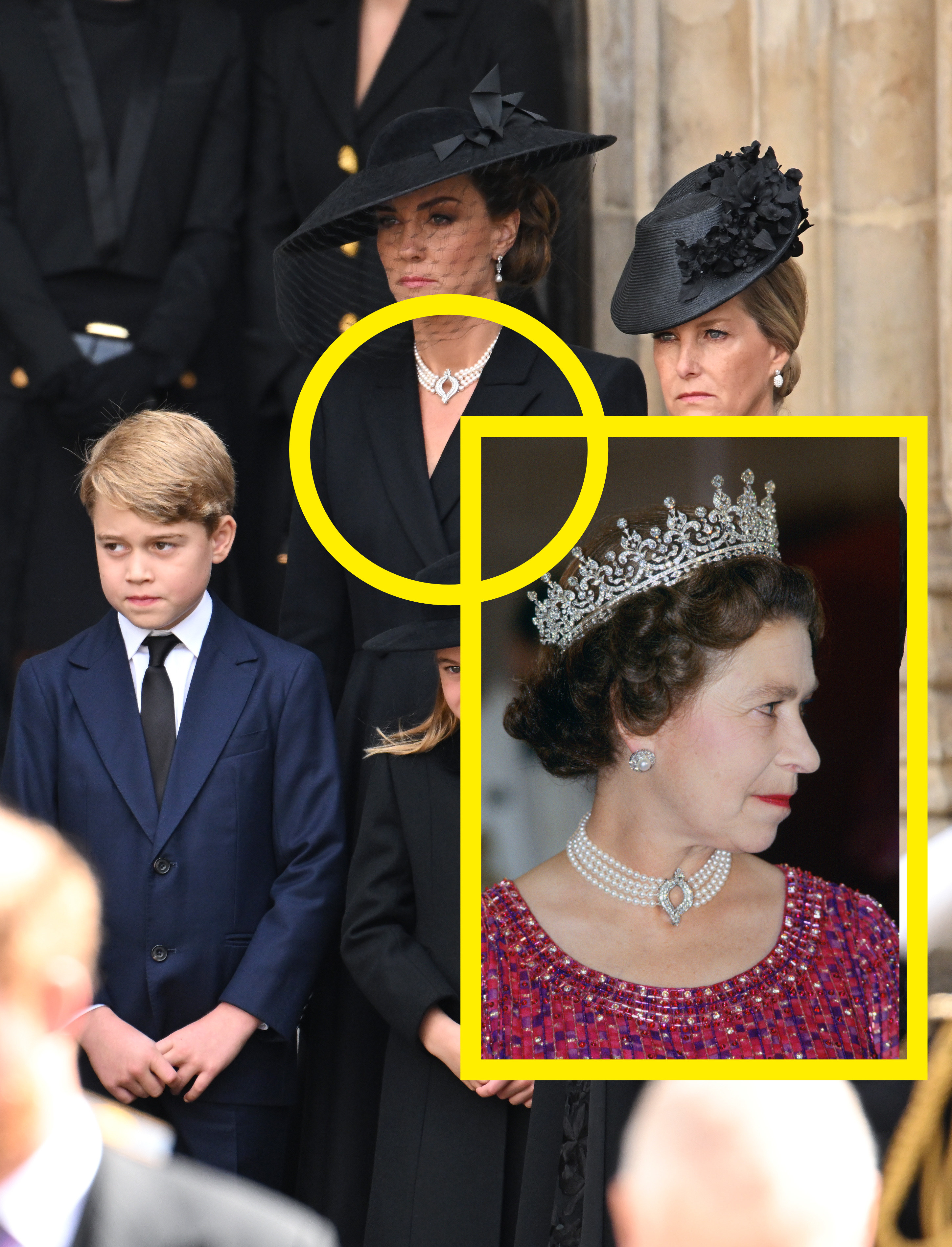 Side-by-side photos showing Princess Kate and Queen Elizabeth wearing the same choker