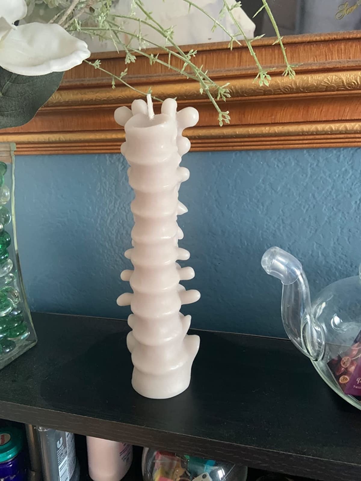 Reviewer&#x27;s bone candle is shown on a shelf