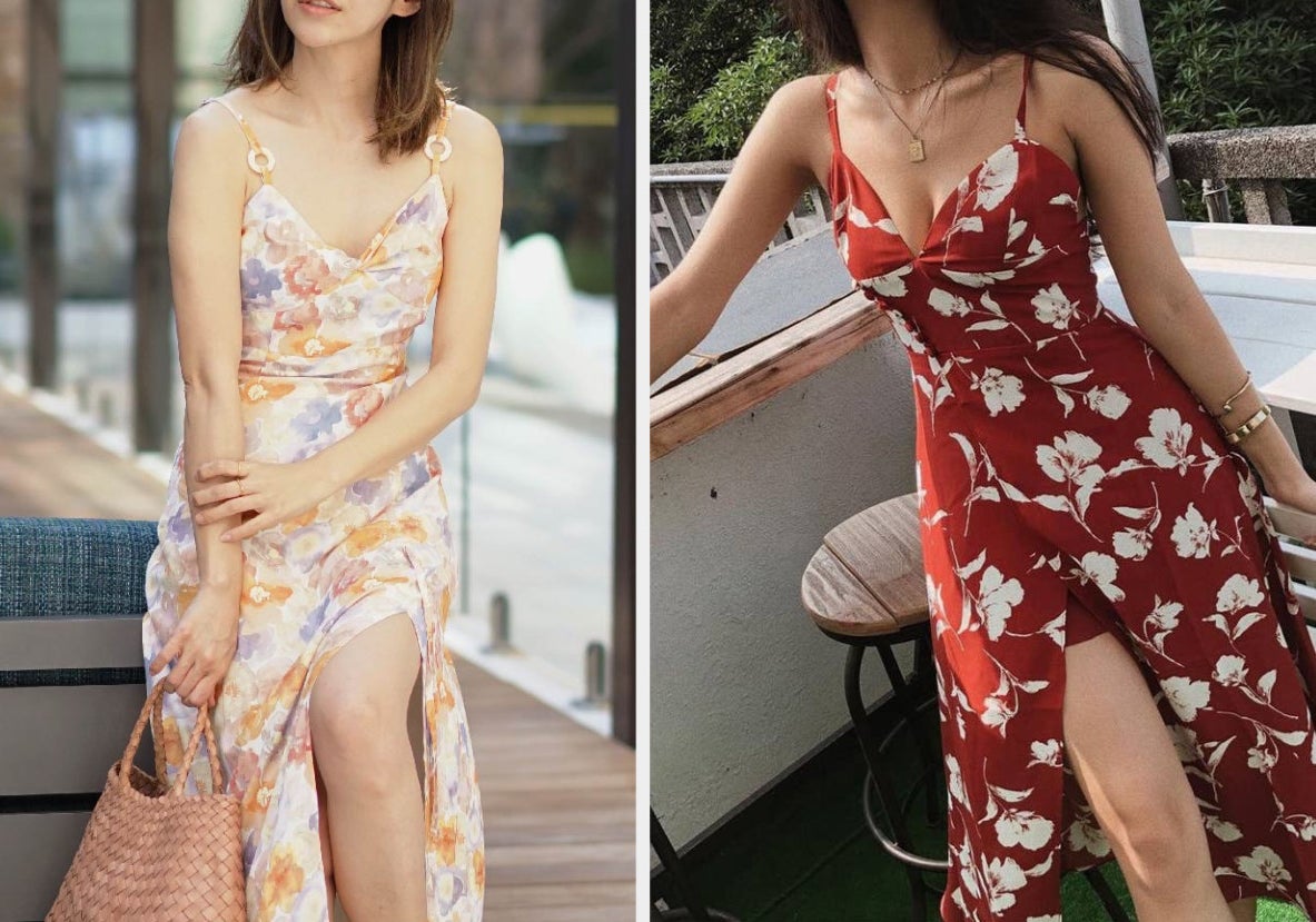Two images of models wearing flora dresses