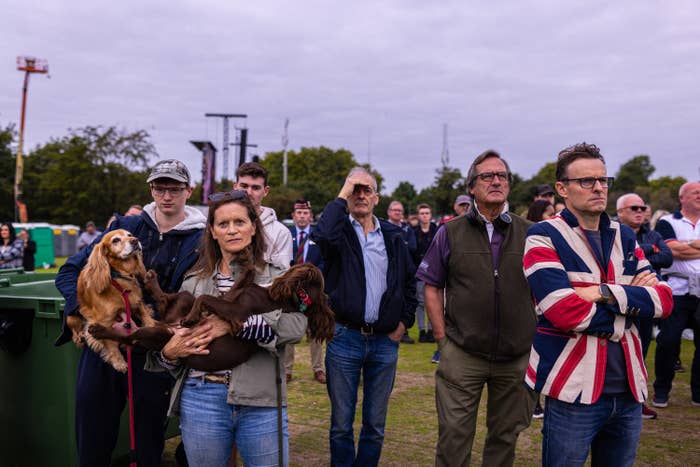 People stand in a field looking up, facing the direction of the photographer