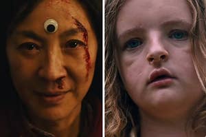Evelyn with a googly eye on her forehead in "Everything Everywhere All At Once"/Charlie in "Hereditary"