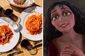 Two bowls of pasta are on the left with Mother Gothel on the right