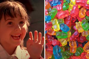 A child is on the left waving with gummy bears on the right