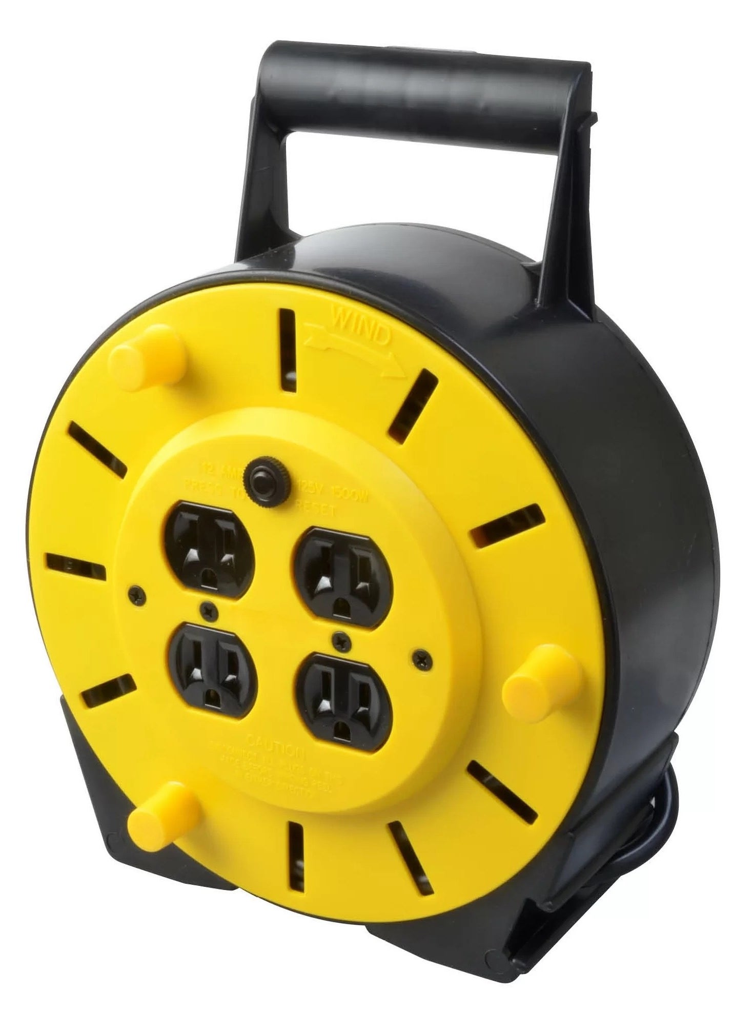 a black and yellow retractable extension cord